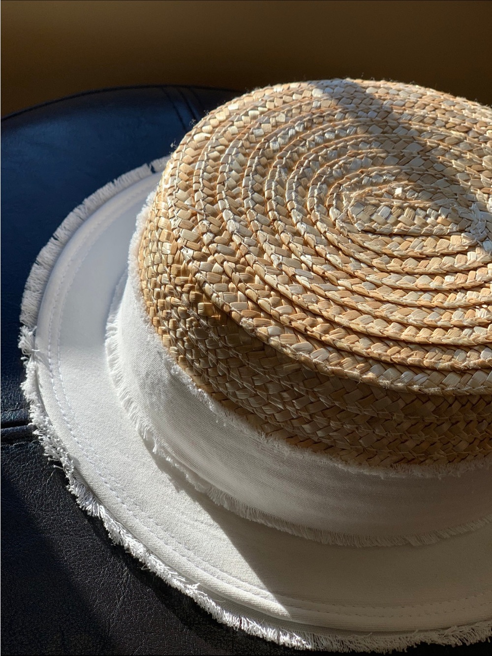 Handmade White and Natural Straw Sunny Boater Hat short brim